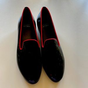 Stuart Weitzman patent leather loafers with red satin trim
